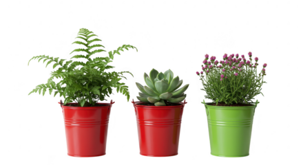 Three potted plants in colorful buckets isolated on transparent background