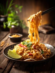 Delicious Pad Thai with Lime on Rustic Table Ready to Enjoy, Foodie Delight