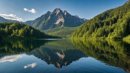 Fototapeta premium Stunning Mountain Lake Landscape Reflecting Majestic Peaks and Lush Forests in the Early Afternoon Light