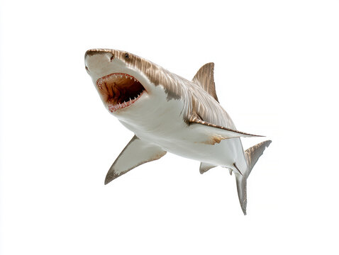 Great White shark model floating in mid-air against a plain background, realistic gray scales, large mouth with numerous sharp teeth and prominent eyes, well-lit studio environment - AI-Generated - Powered by Adobe