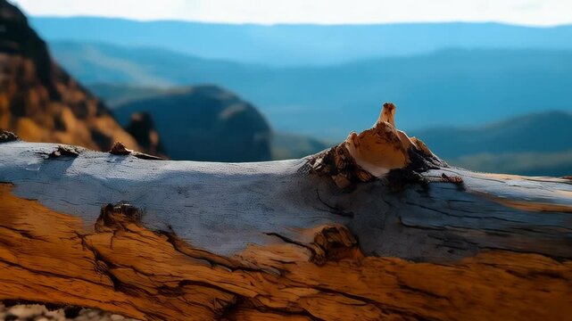 A weathered, sun-bleached log rests on arid ground, overlooking a vast, distant mountain range under a clear sky.