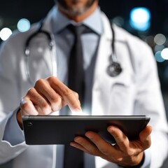 Doctor Using Tablet at Night, Medical Technology, Healthcare, Telemedicine Concept.