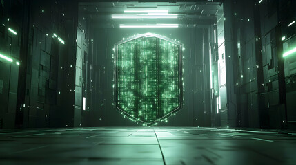 Futuristic Digital Shield in High-Tech Environment with Glowing Effects