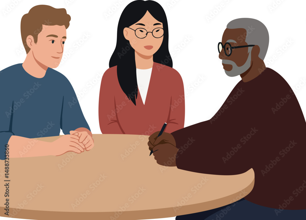 Poster diverse people discussing and collaborating at round table in casual setting vector illustration
