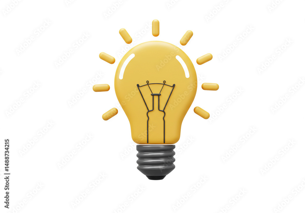 Poster a yellow lightbulb with a gray base and yellow light rays on a white background in a 3d render