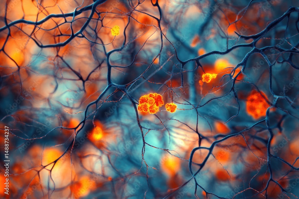 Poster abstract depiction of neural networks with orange clusters against a dreamy teal-orange gradient bac
