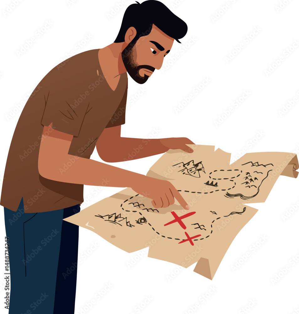 Poster man studying treasure map with red crosses and dotted path vector illustration