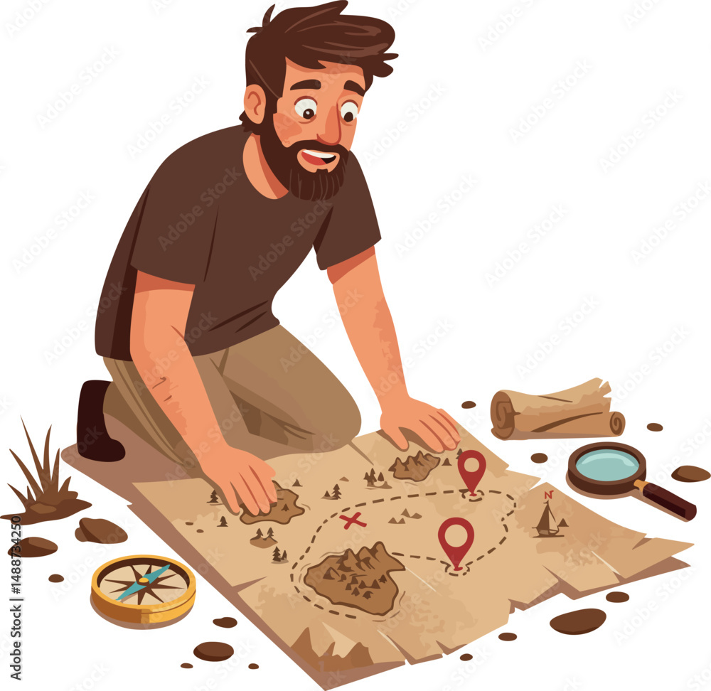 Poster man exploring treasure map with compass and magnifying glass illustration vector