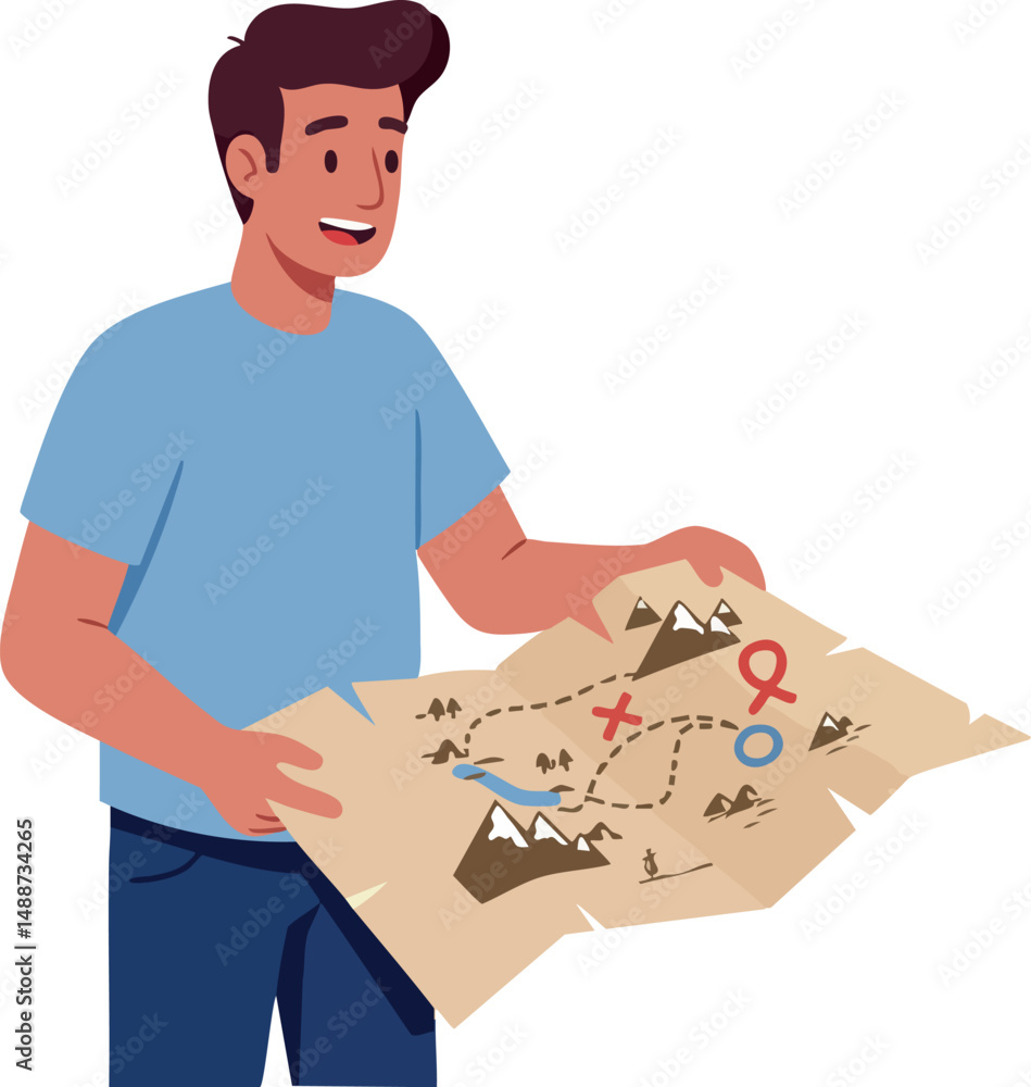 Poster man exploring adventure map with mountains and markers vector illustration