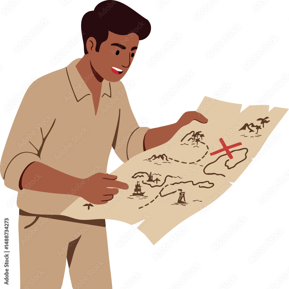 Poster explorer analyzing treasure map with red x mark in adventure quest scene