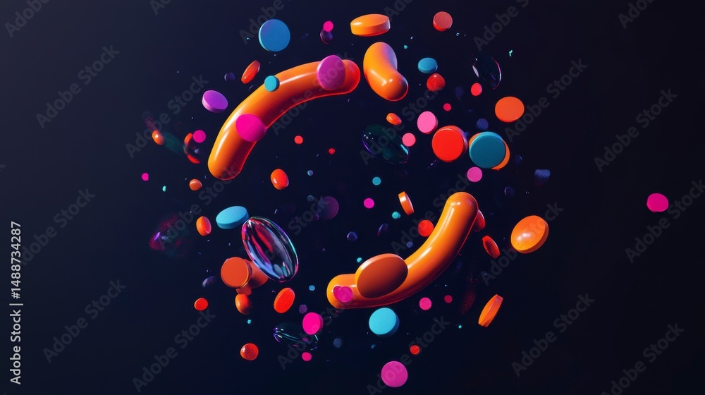 Aufkleber abstract colorful 3d shapes floating in dark background.