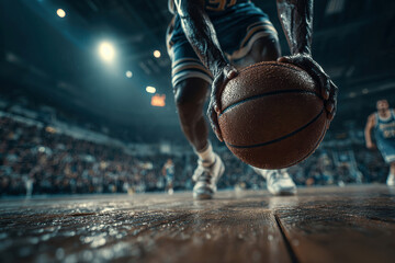 A dynamic basketball player in motion, dribbling a ball on a well-maintained wooden court under bright indoor lighting The uniform is blue and white, while teammates opponents are part - AI-Generated