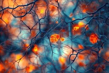 Abstract depiction of neural networks with orange clusters against a dreamy teal-orange gradient background.