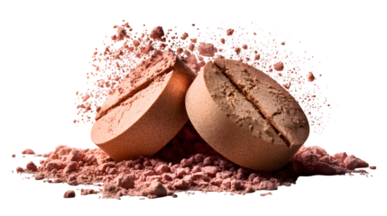 Crushed tablet powder spread next to halves isolated on transparent background