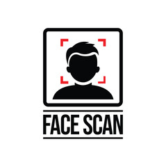 Minimalist face scan vector graphic: black silhouette in square frame with red viewfinder corners, bold 