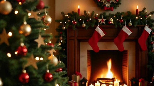 Christmas Tree with Decorations Near a Fireplace with Lights