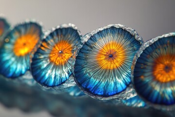 Macro shot of vibrant, organic structures with a radial pattern, illuminated by a central golden light.