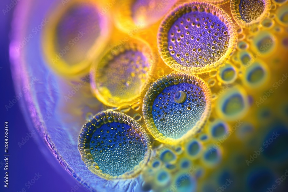 Poster microscopic view of spherical structures, illuminated with vibrant blue and yellow, displaying an in