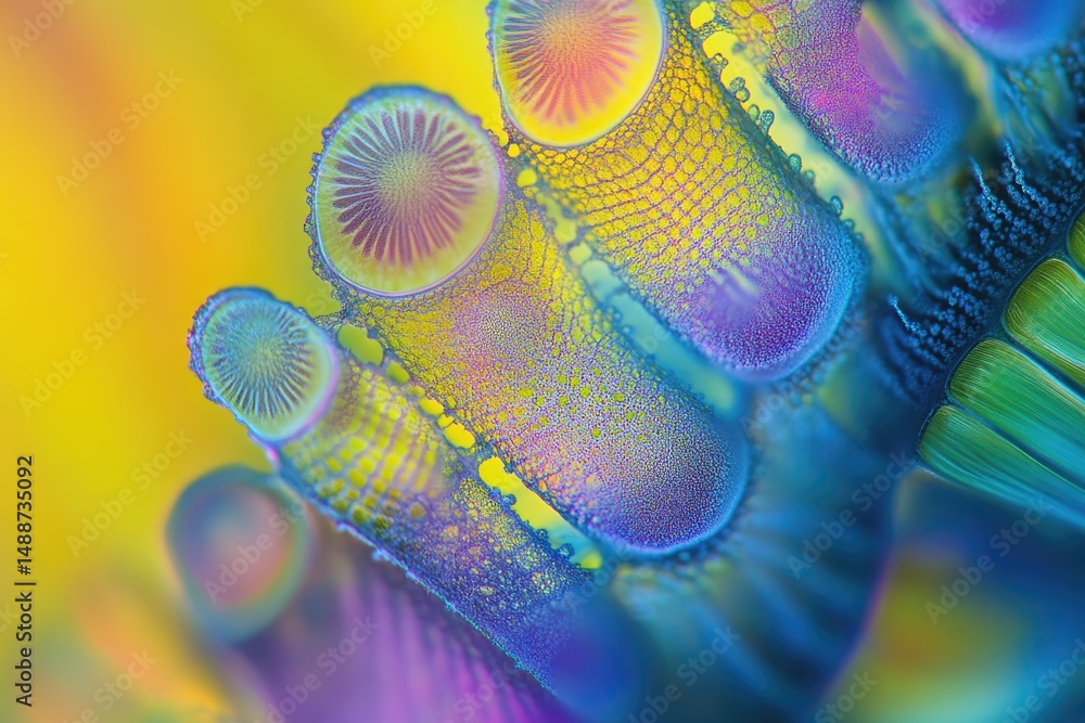Poster macro shot of vibrant, iridescent tubes with bubble-like structures, creating a whimsical and otherw