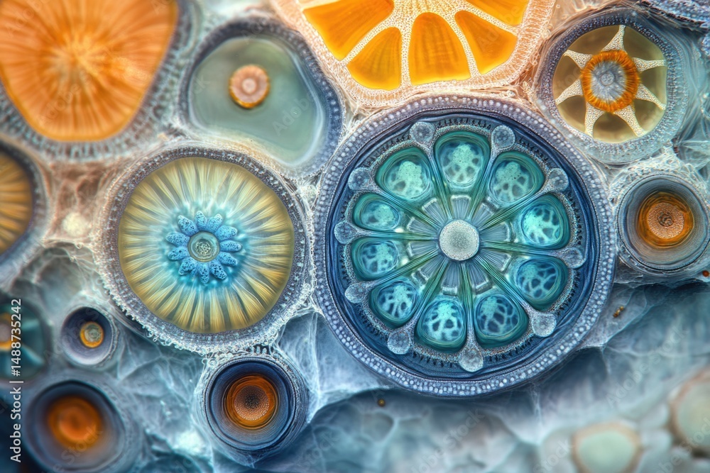 Aufkleber microscopic view of cellular structures, showcasing intricate patterns and vibrant colors under a sc