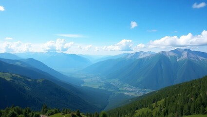Obraz premium Majestic Mountain Landscape Showcasing Lush Valleys and Distant Peaks Under a Clear Blue Sky During Daylight Hours