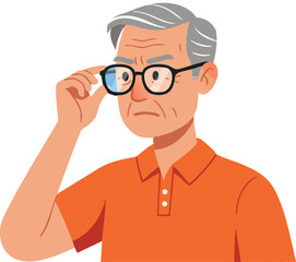 Elderly man wearing glasses in orange polo shirt thinking vector illustration 