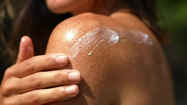 A woman applies sunscreen on her shoulder while preparing for a day of relaxation by the pool under the sun, ensuring skin protection from harmful UV rays.