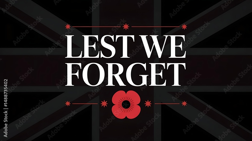 Fototapete remembrance day web banner poster design with red poppies and elegant lest we forget typography text