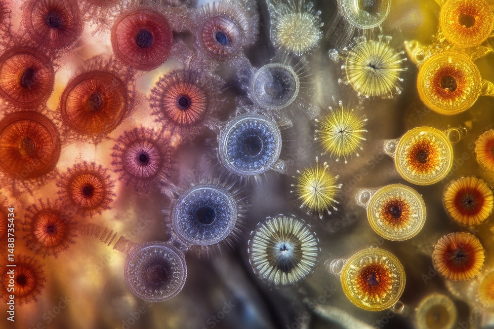 Poster microscopic view of colorful biological cells or structures, showcasing intricate radial patterns an