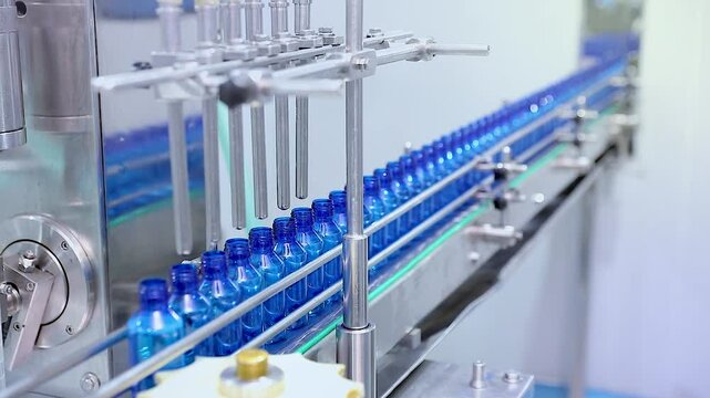 Pharmaceutical manufacturing line for liquid medicine production, automatic bottle filling machine for syrup, sanitizer, or gel in plastic bottles at sterile industrial packaging facility