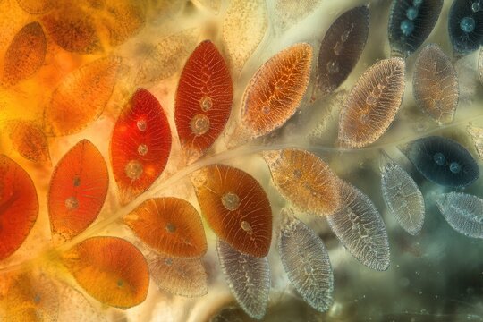 Macro shot of azolla plant with varying color leaves, from orange to dark blue.