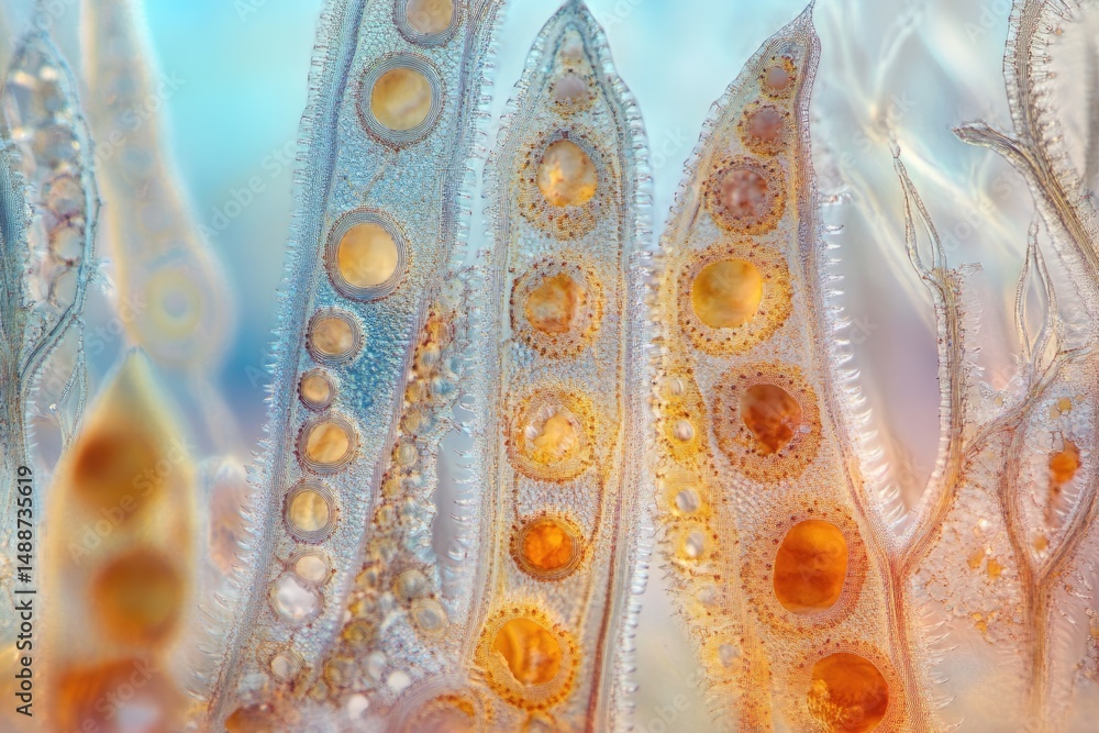 Poster microscopic view of algae cells with detailed structures, colorful hues, and intricate patterns agai