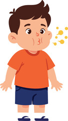 Boy Blowing Air with Cheeks Puffed Wearing Orange Shirt and Blue Shorts Vector Illustration 