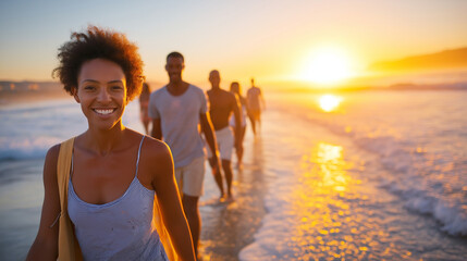 Happy friends enjoying a sunset stroll on the beach