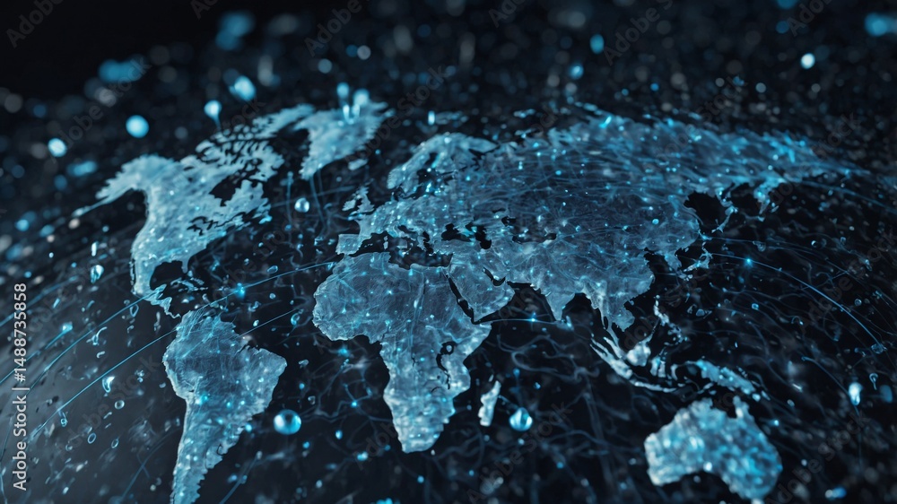 Poster global connectivity illustrated through a glowing world map with network lines and droplets, showcas