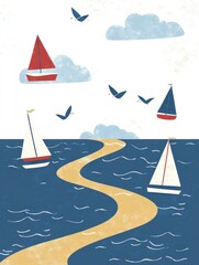 Preschool nautical background with sailboats, clouds, and seagulls over a golden spiral path in a clear blue sky