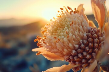 Fototapeta premium Close-up of a dried flower head with seed pods against a blurred sunset backdrop, creating a warm, tranquil atmosphere.