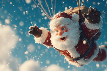Obraz premium Animated Santa Claus soaring through the sky, dressed in red and white attire with fur trim Joyful expression, long, well-groomed beard white gray Eyes closed, flying 3D animation s - AI-Generated