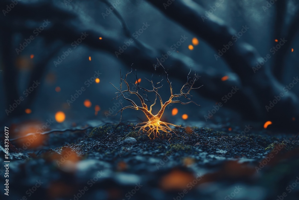 Poster illuminated tree-like structure with roots in a dark forest, surrounded by mysterious, glowing parti