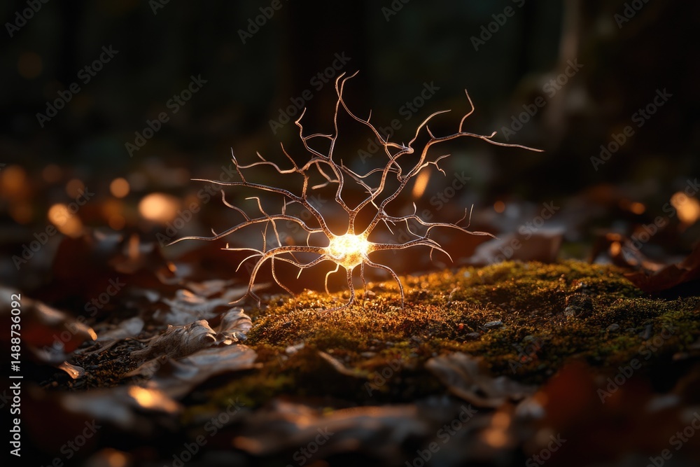 Poster glows from a neuron-like structure amidst moss and fallen leaves in a shadowy forest, captured with 