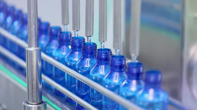 Pharmaceutical manufacturing line for liquid medicine production, automatic bottle filling machine for syrup, sanitizer, or gel in plastic bottles at sterile industrial packaging facility