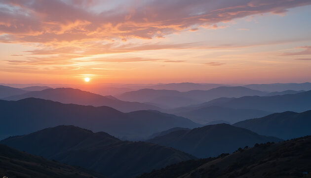 Majestic sunrise over rolling mountain ranges