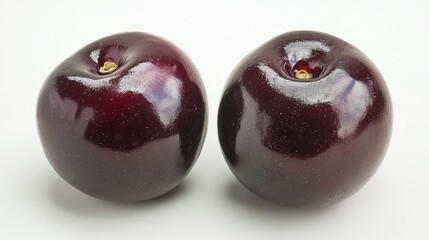 Fototapeta premium Two ripe juicy dark plums fresh organic fruit delicious healthy eating red food pair diet sweet macro