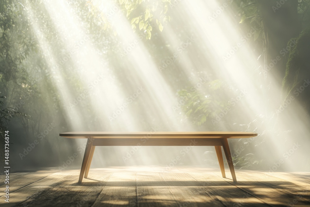 Poster sunbeams illuminate a wooden table on a platform in a misty forest clearing, creating a tranquil sce