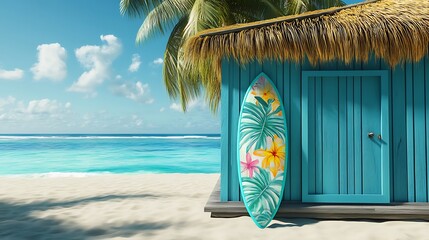 Tropical beach hut and surfboard