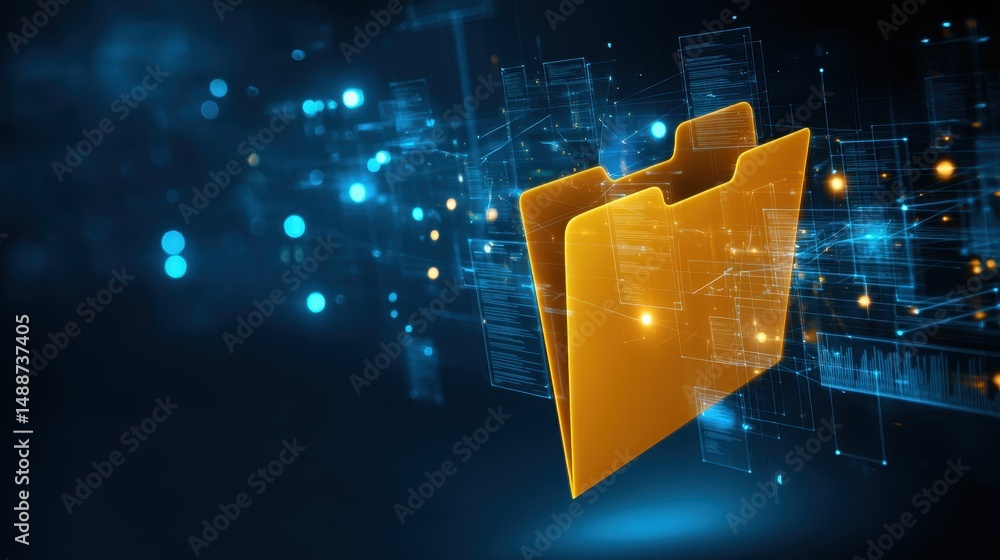 Poster digital folder with abstract background representing data storage, file management, and information 