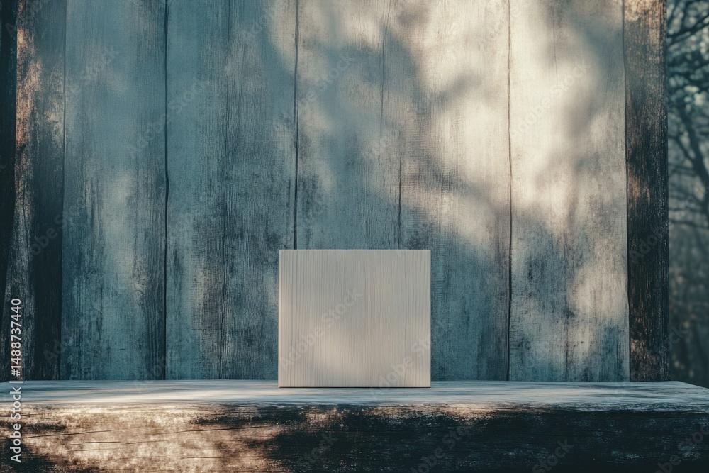 Poster a serene rustic scene with a wooden block on a shelf against a weathered wood backdrop, bathed in da