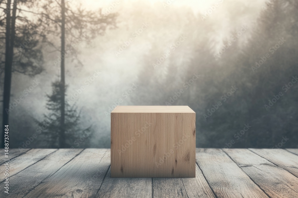 Poster a wooden cube stands on a weathered wooden platform with a misty forest backdrop, creating a natural