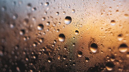 Water droplets on glass, colorful sunset view