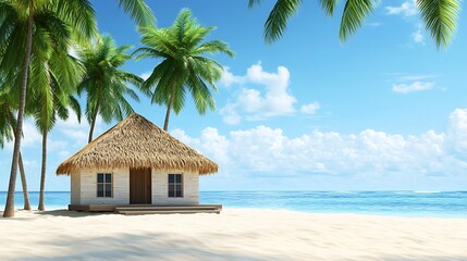 Tropical beach hut on sandy shore